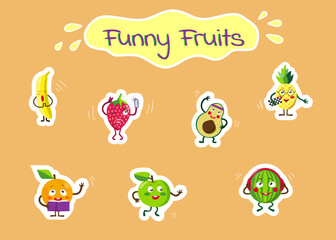 Collection of funny fruit stickers, characters with funny faces