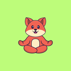 Cute fox is meditating or doing yoga. Animal cartoon concept isolated. Can used for t-shirt, greeting card, invitation card or mascot. Flat Cartoon Style