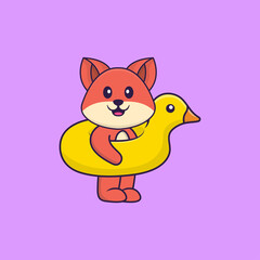 Cute fox With Duck buoy. Animal cartoon concept isolated. Can used for t-shirt, greeting card, invitation card or mascot. Flat Cartoon Style
