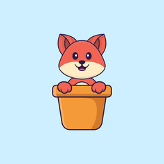 Cute fox in a flower vase. Animal cartoon concept isolated. Can used for t-shirt, greeting card, invitation card or mascot. Flat Cartoon Style