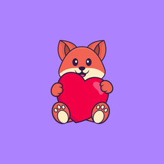 Cute fox holding a big red heart. Animal cartoon concept isolated. Can used for t-shirt, greeting card, invitation card or mascot. Flat Cartoon Style