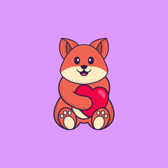 Cute fox holding a big red heart. Animal cartoon concept isolated. Can used for t-shirt, greeting card, invitation card or mascot. Flat Cartoon Style