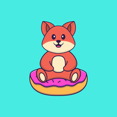 Cute fox is sitting on donuts. Animal cartoon concept isolated. Can used for t-shirt, greeting card, invitation card or mascot. Flat Cartoon Style