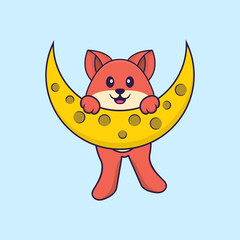 Cute fox is on the moon. Animal cartoon concept isolated. Can used for t-shirt, greeting card, invitation card or mascot. Flat Cartoon Style