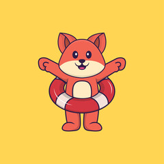 Cute fox using a float. Animal cartoon concept isolated. Can used for t-shirt, greeting card, invitation card or mascot. Flat Cartoon Style