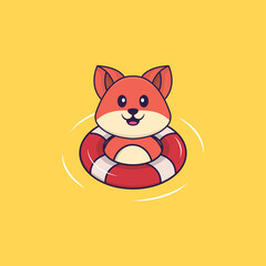 Cute fox is Swimming with a buoy. Animal cartoon concept isolated. Can used for t-shirt, greeting card, invitation card or mascot. Flat Cartoon Style