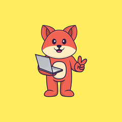 Cute fox holding laptop. Animal cartoon concept isolated. Can used for t-shirt, greeting card, invitation card or mascot. Flat Cartoon Style