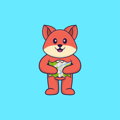 Cute fox holding a map. Animal cartoon concept isolated. Can used for t-shirt, greeting card, invitation card or mascot. Flat Cartoon Style