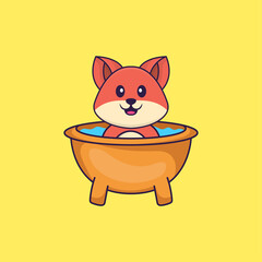 Cute fox taking a bath in the bathtub. Animal cartoon concept isolated. Can used for t-shirt, greeting card, invitation card or mascot. Flat Cartoon Style
