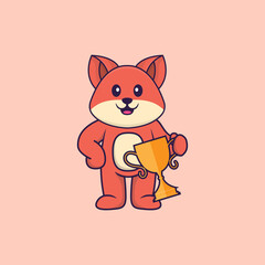 Cute fox holding gold trophy. Animal cartoon concept isolated. Can used for t-shirt, greeting card, invitation card or mascot. Flat Cartoon Style