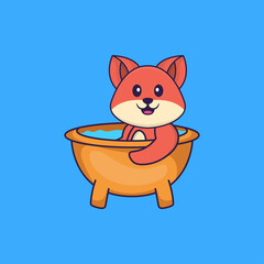 Cute fox taking a bath in the bathtub. Animal cartoon concept isolated. Can used for t-shirt, greeting card, invitation card or mascot. Flat Cartoon Style