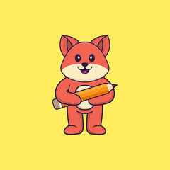 Cute fox holding a pencil. Animal cartoon concept isolated. Can used for t-shirt, greeting card, invitation card or mascot. Flat Cartoon Style