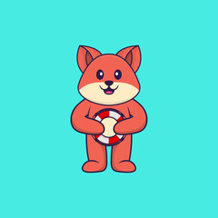 Cute fox holding a buoy. Animal cartoon concept isolated. Can used for t-shirt, greeting card, invitation card or mascot. Flat Cartoon Style