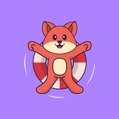 Cute fox is Swimming with a buoy. Animal cartoon concept isolated. Can used for t-shirt, greeting card, invitation card or mascot. Flat Cartoon Style