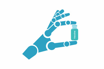 Mechanical robot hand holds medicine, pharmaceuticals, vaccine bottle in forefinger and thumb on blue background. Artificial intelligence in medicine future. Colorful flat isolated vector illustration