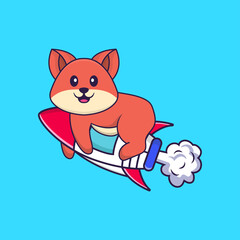 Cute fox flying on rocket. Animal cartoon concept isolated. Can used for t-shirt, greeting card, invitation card or mascot. Flat Cartoon Style