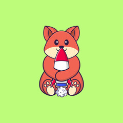 Cute fox holding a rocket. Animal cartoon concept isolated. Can used for t-shirt, greeting card, invitation card or mascot. Flat Cartoon Style