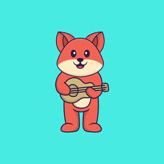 Cute fox playing guitar. Animal cartoon concept isolated. Can used for t-shirt, greeting card, invitation card or mascot. Flat Cartoon Style