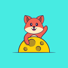 Cute fox is on the moon. Animal cartoon concept isolated. Can used for t-shirt, greeting card, invitation card or mascot. Flat Cartoon Style