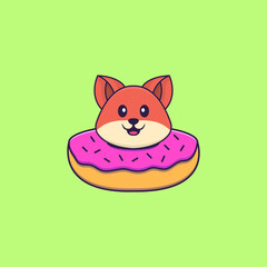 Cute fox with a donut on his neck. Animal cartoon concept isolated. Can used for t-shirt, greeting card, invitation card or mascot. Flat Cartoon Style