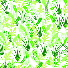 Vector seamless floral pattern, doodle drawn plants, green background template.

