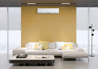 large luxury modern bright interiors living room with air conditioning mockup illustration 3D rendering