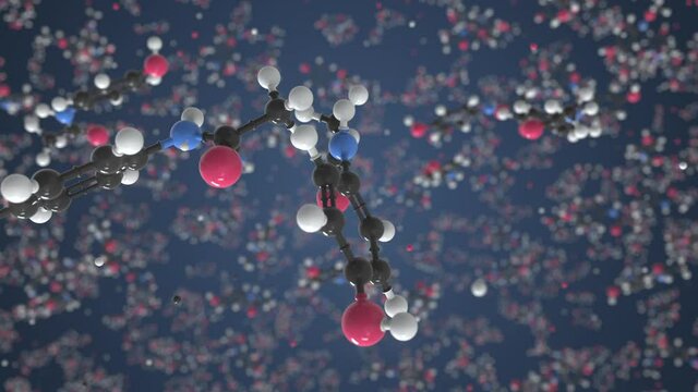 Acetaminophen molecule, conceptual molecular model. Scientific looping 3d animation