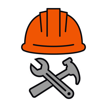 Construction site helmet wrench hammer maintenance icon