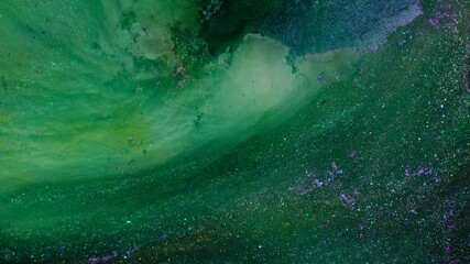 Shades of green: olive, light green, dark moss, lime and gold. Glitter acrylic paint flowing....