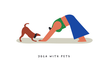 Yoga with pets funny dog pose cartoon isolated