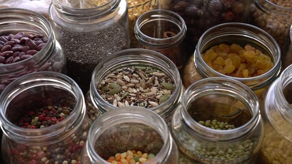 Grocery stock, food reserve. Glass Cereal Jars. Zero Waste Shopping. Shop in Bulk. Buying and Storage Food Package free. Reduce packaging waste. Healthy eating