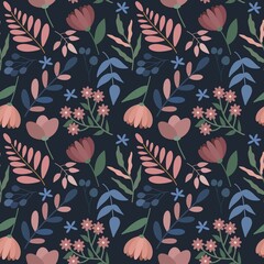 Seamless pattern of flowers on a dark background