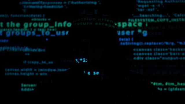 Sacramento CA, USA - June 22, 2021: Hacker with Anonymous Mask. Source code is running on the mask of Guy Fawkes