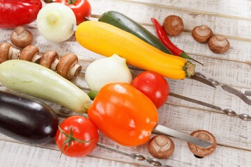 Zucchini eggplant tomato bell pepper mushrooms. vegan barbecue vegetable.