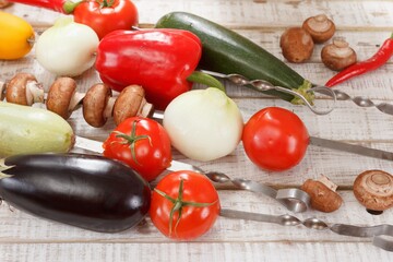 Zucchini eggplant tomato bell pepper mushrooms. vegan barbecue vegan.