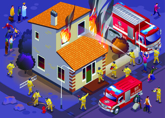 Firefighters rescue extinguish a fire in a cottage isometric icons on isolated background