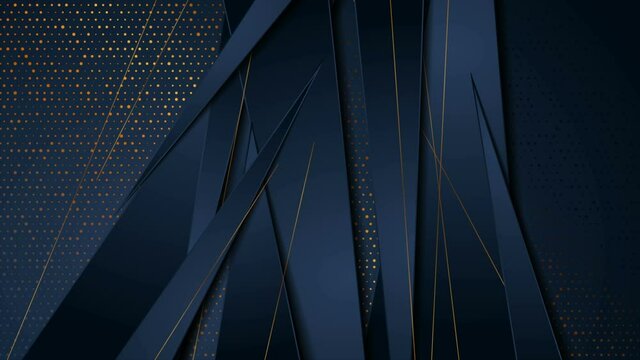 Dark blue and golden abstract tech geometric motion background. Luxury glitter dots corporate design. Seamless looping. Video animation Ultra HD 4K 3840x2160