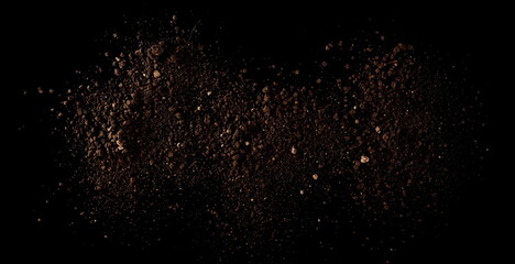 Pile of soil isolated on black background and texture, top view