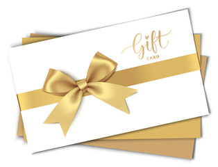 Decorative white gift card design template with gold bow and ribbon. Vector illustration	 - 442576688