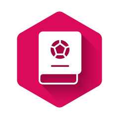 White Football learning book icon isolated with long shadow background. Pink hexagon button. Vector