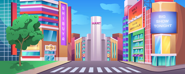 Obraz premium Urban street landscape with crossroad, sidewalk and buildings with sign boards of shops, coffee house and restaurants cartoon vector illustration. Town cityscape with empty road, pavement and cafes.
