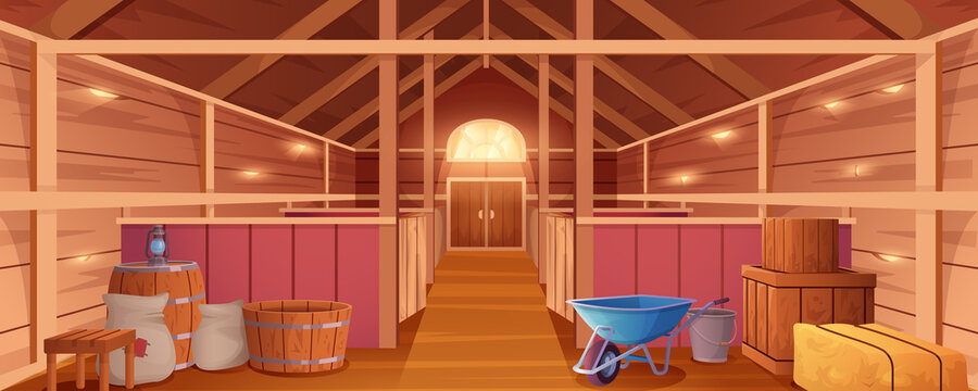 Horse stable interior or barn for animals. Farm house inside view. Empty wooden ranch with stalls, haystacks, sacks, gate and window under roof. Countryside building cartoon vector illustration.