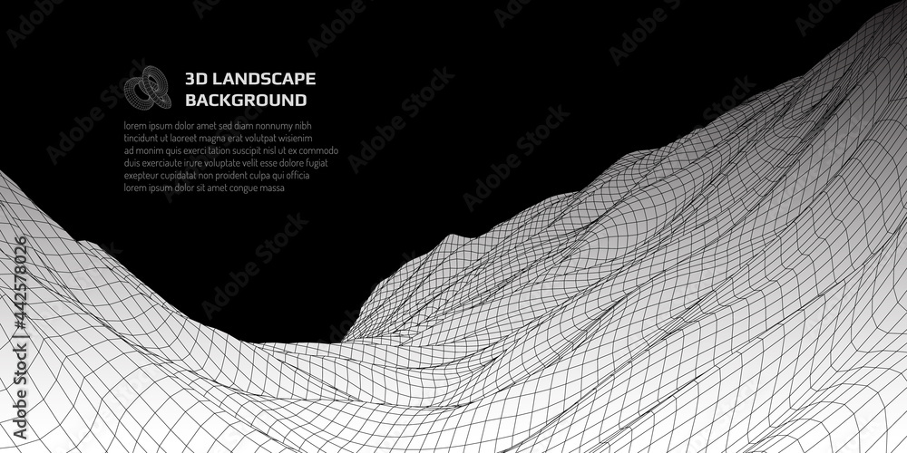 Poster virtual landscape with 3d lines and waves.