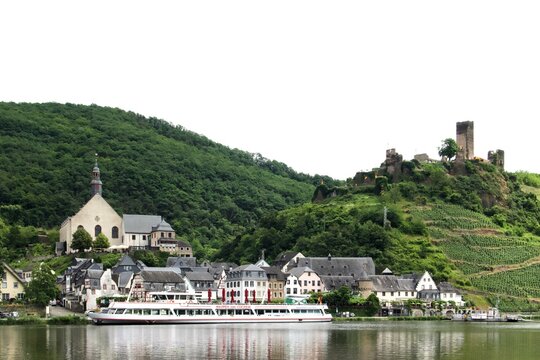 Castle Metternich with Beilstein and the ship "Wappen von Cochem" in the Mosel valley, Germany