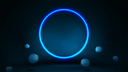 Blue scene with realistic bouncing spheres and neon ring.