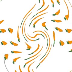 Cartoon style illustration of orange carrots with decorative waves. Great design elements for a sticker, postcard, print, or poster. Unique pattern isolated on a white background. The art of food.