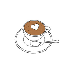 Black Hand drawing outline vector illustration of a cup of brown cappuccino with heart isolated on a white background