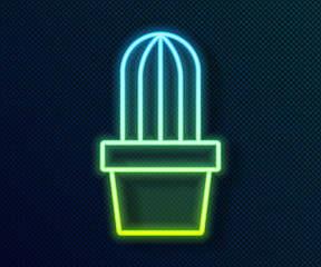 Glowing neon line Cactus and succulent in pot icon isolated on black background. Plant growing in a pot. Potted plant sign. Vector