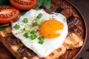 Closeup view of traditional american breakfast consisting of fried eggs with yellow yolk dressed with scallions and pepper on grilled toast bread with bacon, tomatoes and spinach served on plate 