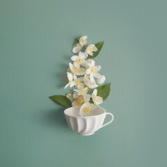 cup of tea with jasmine flowers on green background. Flat lay, top view.